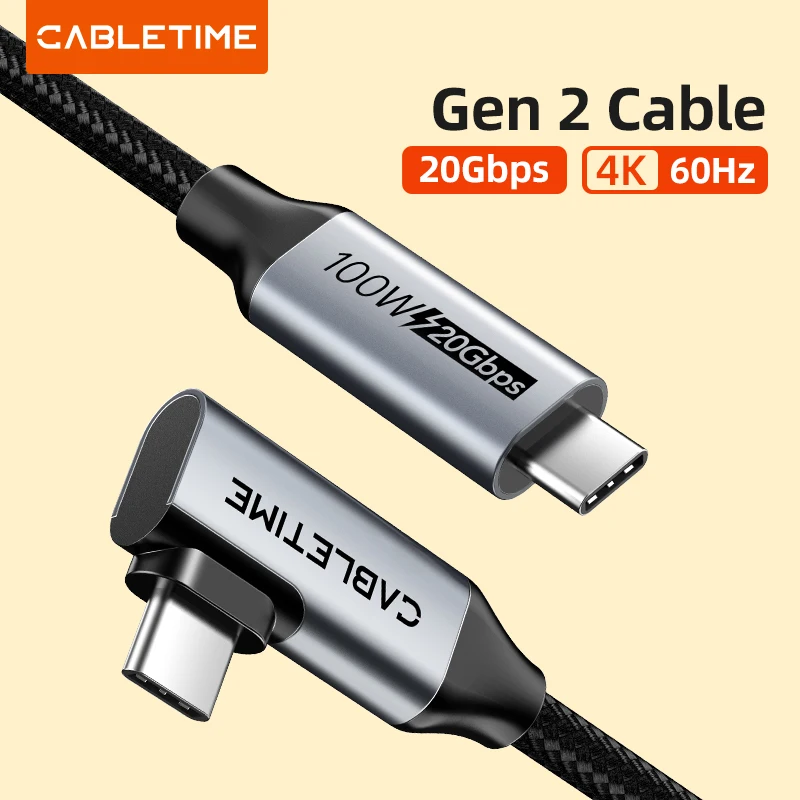 CABLETIME USB C 3,2 Gen 2 20Gbps Cable 90 grados PD 100W 4K 60Hz HDR visión 3D para portátil iPad pintura proyección C448