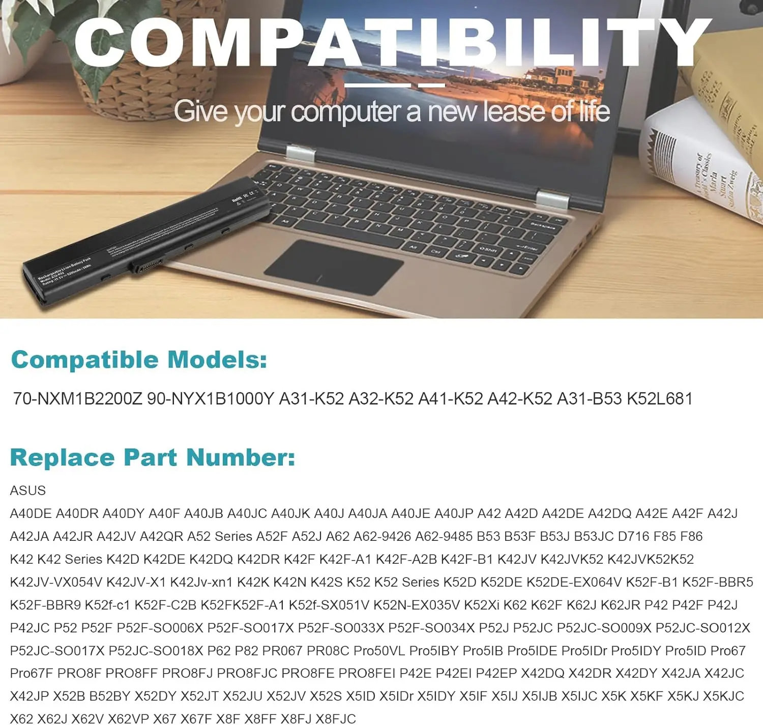 Batería A32-K52 para ordenador portátil, pieza de PC para ASUS A52F, A52J, K52F, X52N, X52J, X52F, K52D, K52J, K52J, X5IJ, K52, K52D, K52DE, K52DE-EX064V, K52F-B1 - imagen 2