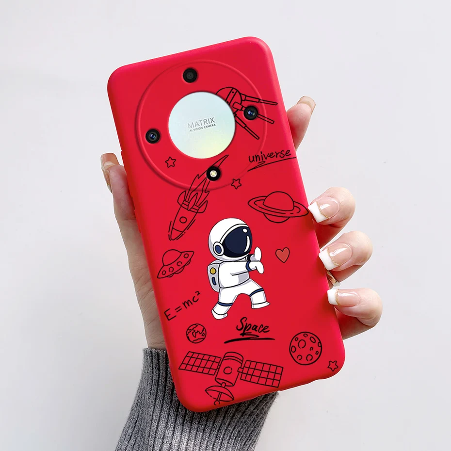 Un teléfono rojo con un tema espacial