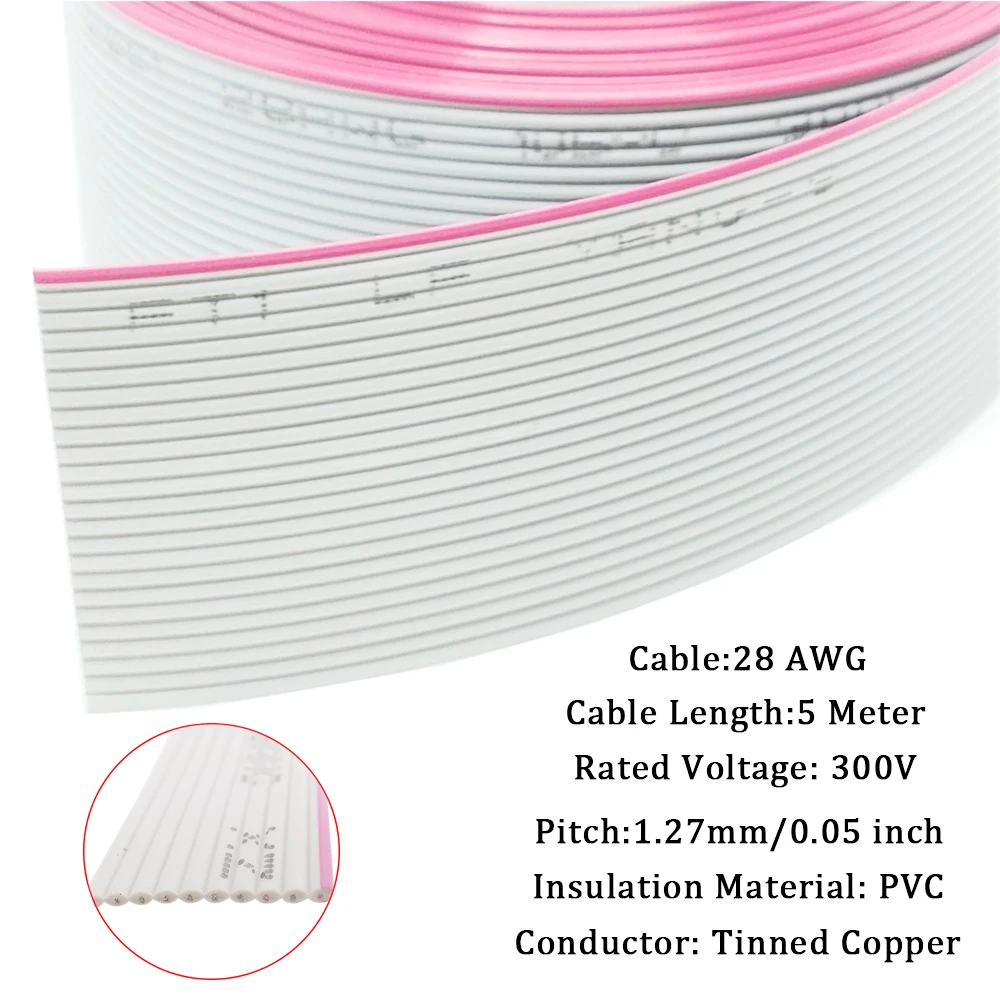 Conector de Cable de cinta plana gris, 5M, 1,27mm, 14/16/20/26/30/34/40/50/60 Pines, 28AWG, Cable Flexible para conectores IDC FC de 2,54 MM - imagen 2