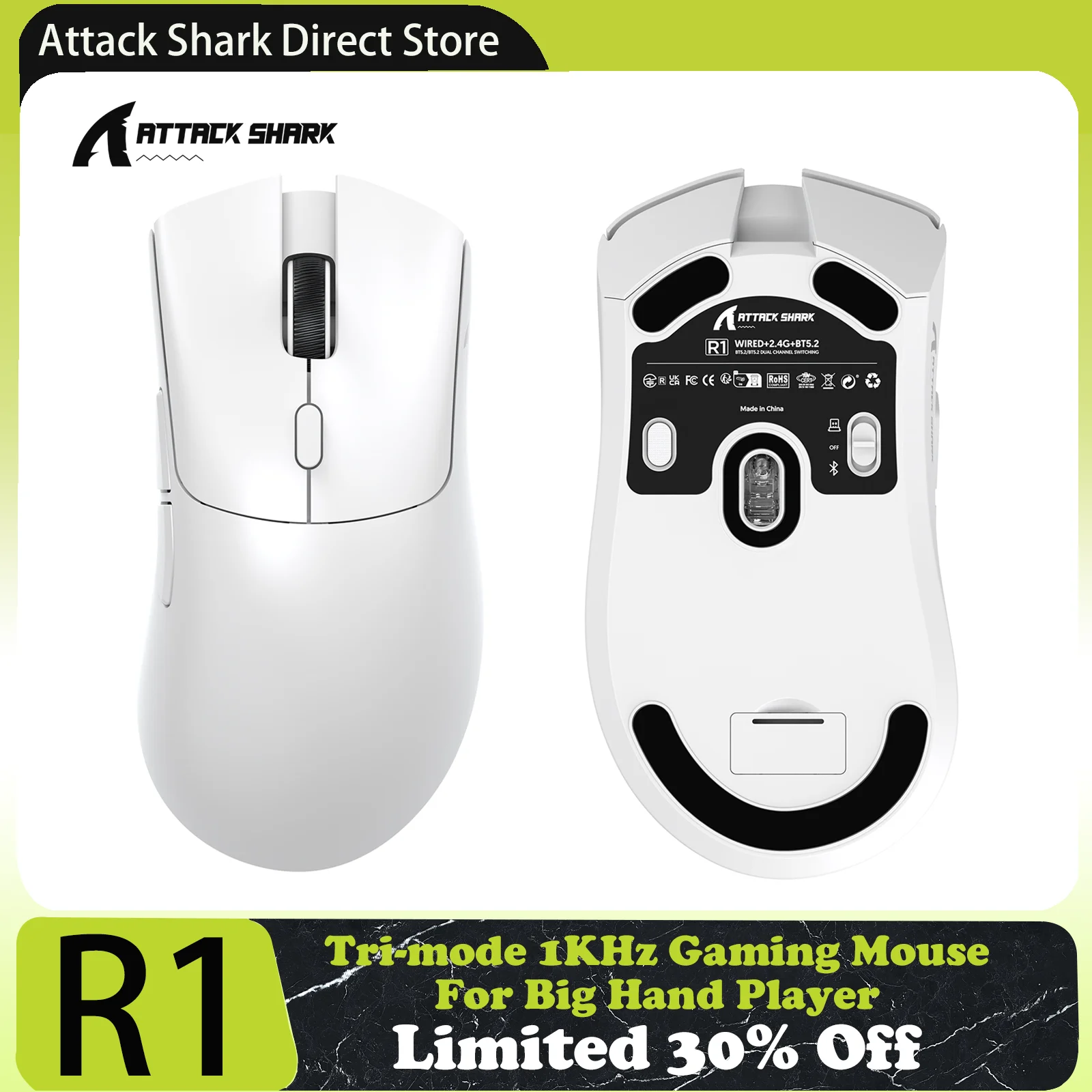 Ratón para juegos trimodal Attack Shark R1, sensor PixArt PAW3311, 18000 DPI, 1000 Hz, 59 g ultraligero para mano grande, para PC/Mac - imagen 2