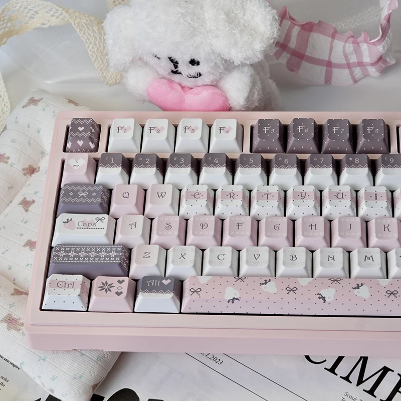 Teclas con tema de conejito de fresa rosa, perfil de cereza, sublimación térmica PBT, bonito lazo de conejo, teclado de lunares para niñas - imagen 5