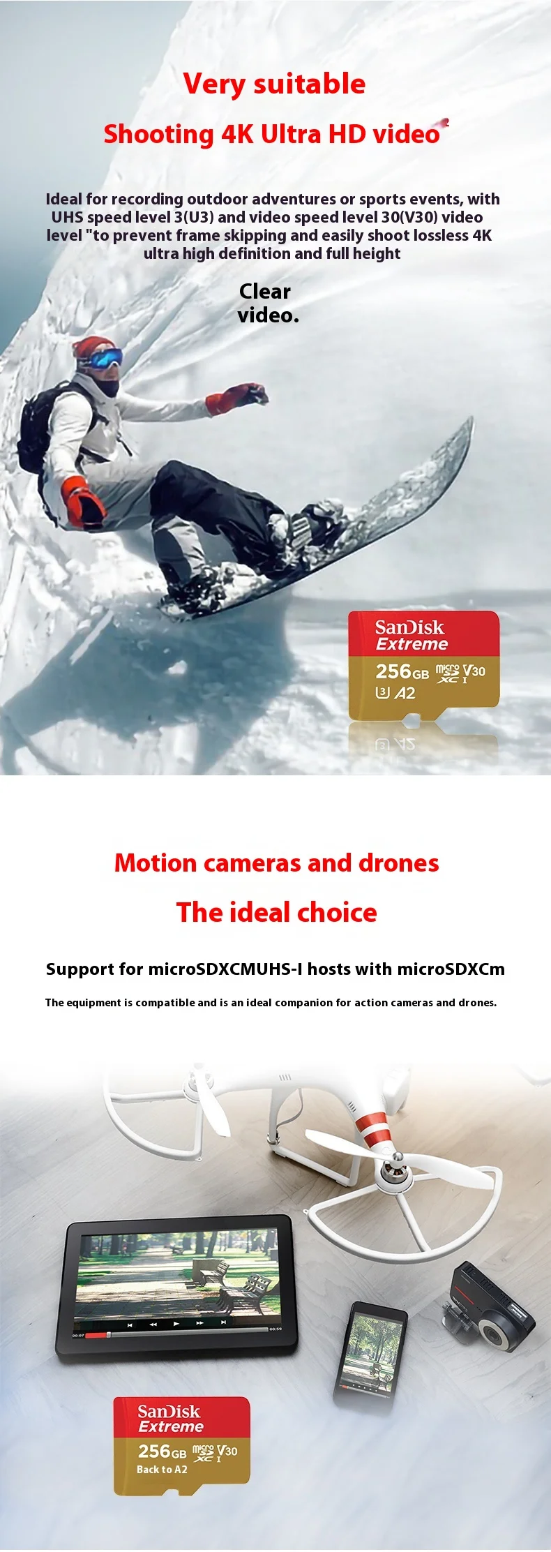 100% Sandisk Extreme Micro SD TF 4K U3 cámara 512GB 1TB tarjeta de memoria 32GB 64GB 128GB 256GB para teléfono Drone cartao de memoria coches - imagen 5