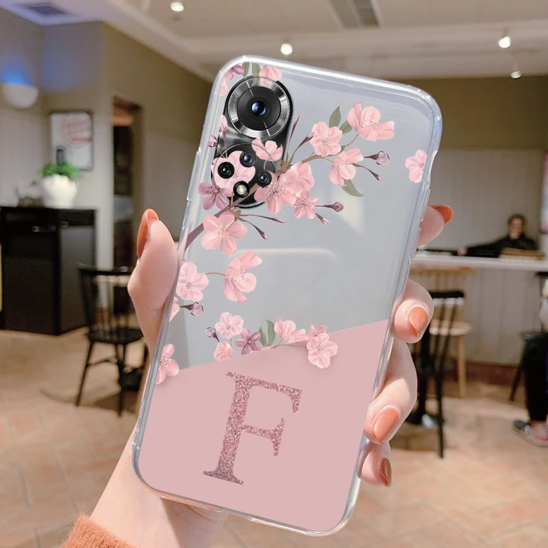 Bonita funda con letras para Honor 50 90 400 Lite Pro Coque Huawei P20 P30 Pro P40 Lite Nova 6 SE, funda suave con alfabeto de flores transparente - imagen 4