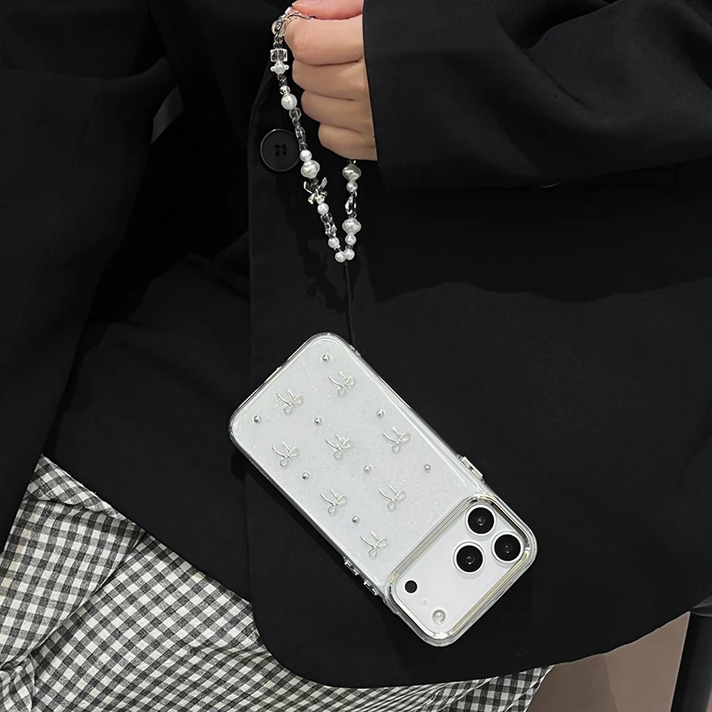 Funda de teléfono INS Glitter 3D con cuentas de lazo plateado para iPhone 17 16 15 14 13 12 11 Pro Max 7 8 Plus X XS XR cubierta de cadena de teléfono con cuentas - imagen 2