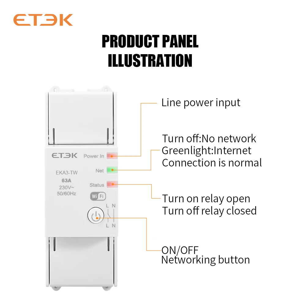 ETEK TUYA relé inteligente 63A Control inalámbrico medidor de corriente y energía ajustable carril DIN 2P para sistema Solar/cargador EV EKA3 - imagen 4