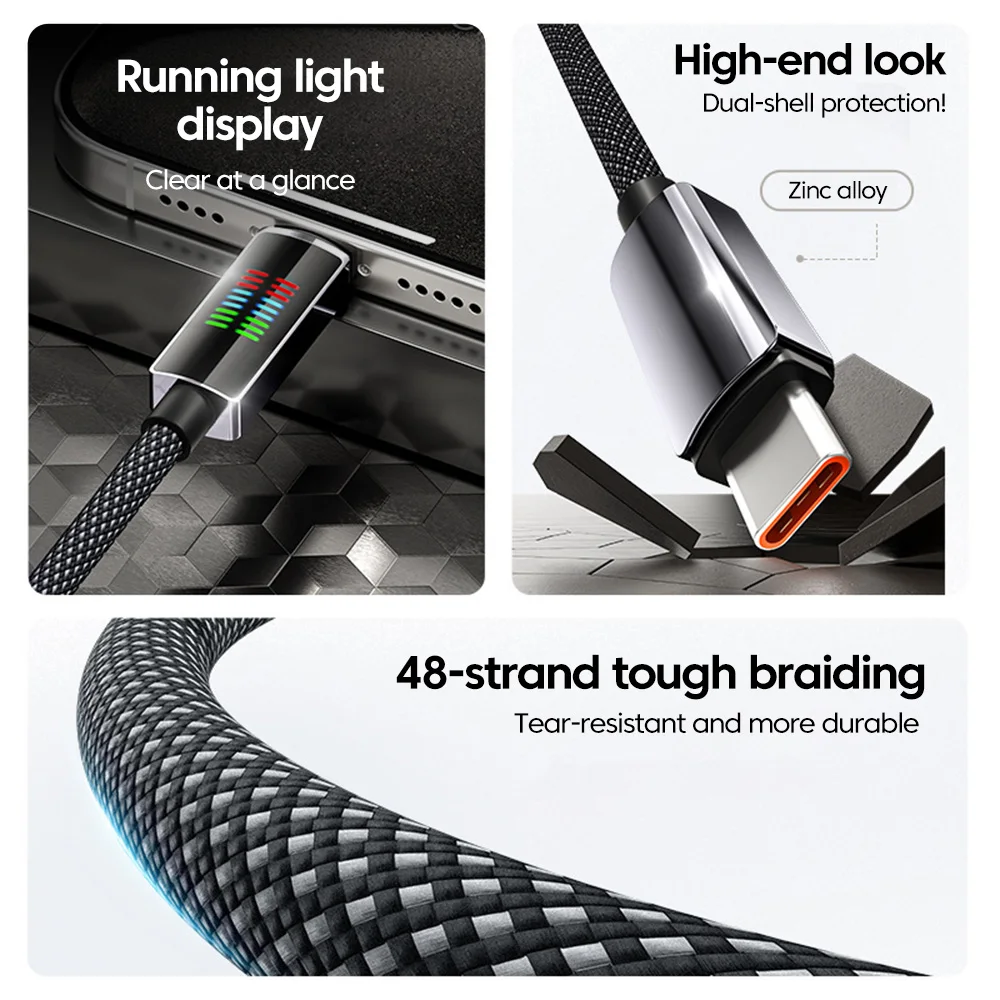 Cable de datos trenzado tipo C a USB C de 240W, Cable tipo C de carga rápida para MacBook iPhone 15 16 Samsung Xiaomi carplay LED - imagen 5
