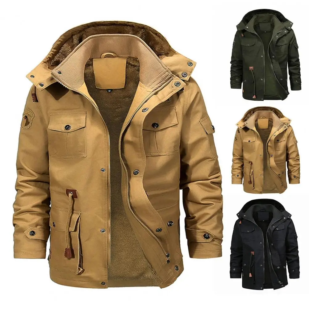 Chaqueta con múltiples bolsillos para hombre, chaqueta de invierno con capucha desmontable, forro polar cálido, múltiples bolsillos A para el frío - imagen 4