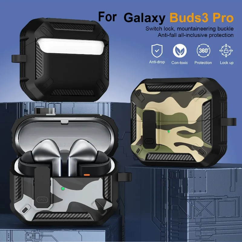 Funda de camuflaje elegante para Samsung Galaxy Buds 3 Pro Buds3 Pro Buzz 3 Pro, funda con cerradura, armadura de carcasa robusta, funda a prueba de golpes - imagen 2