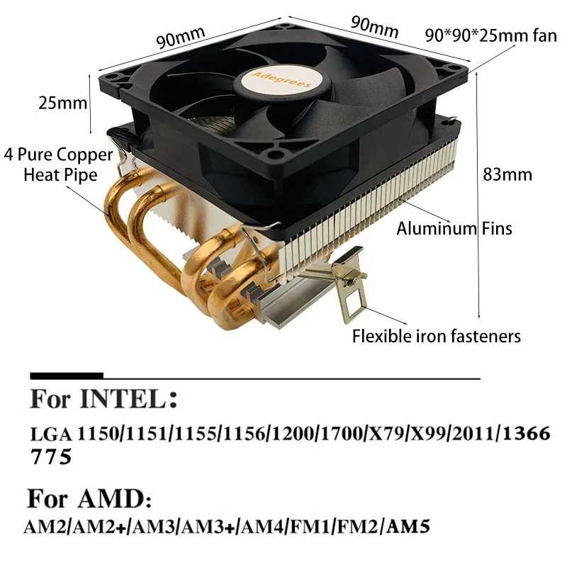 4 tubos de calor CPU enfriador de aire PC radiador 90MM 4PIN PWM ventilador para Intel LGA 115X 1700 775 1200 AMD AM3 AM4 AM5 Ventilador - imagen 2