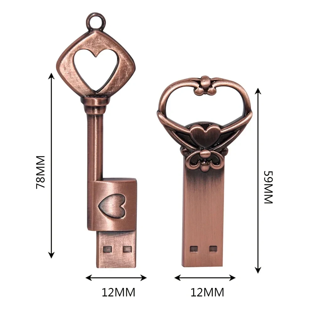 Unidad flash USB 2,0 con llave de Metal creativa Retro, unidad de bolígrafo con forma de corazón, 20 unidades por lote, regalo de negocios a la moda, disco U de 64GB, 32GB y 16GB - imagen 2
