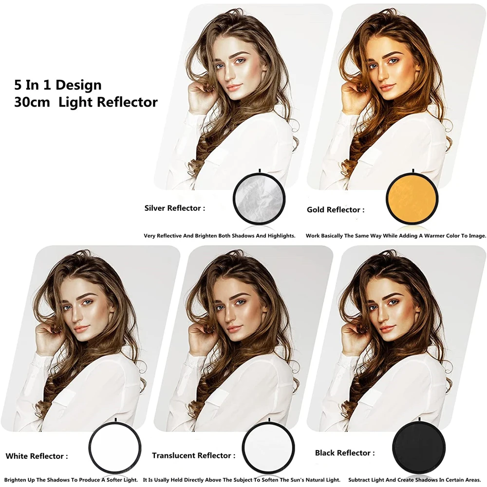 Minireflector redondo 2 en 1 portátil, 30CM, fotografía, iluminación en vivo, foto, placa de luz adicional, plegable, dorado y plateado - imagen 2