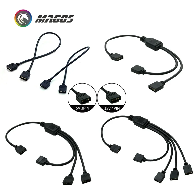 Conector de Cable LED ARGB de 12V, 4 pines, 5V, 3 pines, 1 a 1, 2, 3, 4 agujas, Cable divisor de potencia para placa base de PC, cinta AURA, blanco/negro