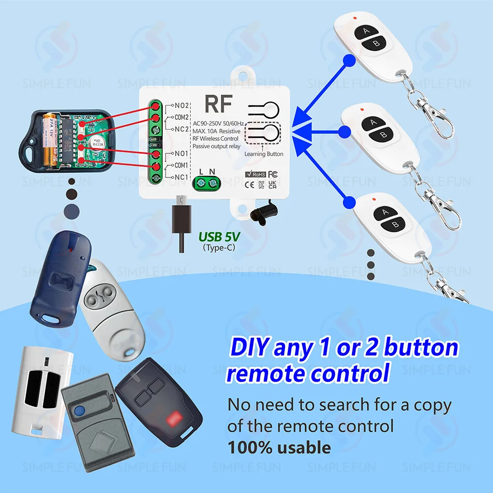 433MHz 2 CH interruptor de Control remoto de Motor 90V-250V USB 5V módulo receptor RF para Motor/abridor de puerta de garaje/control remoto DIY - imagen 4