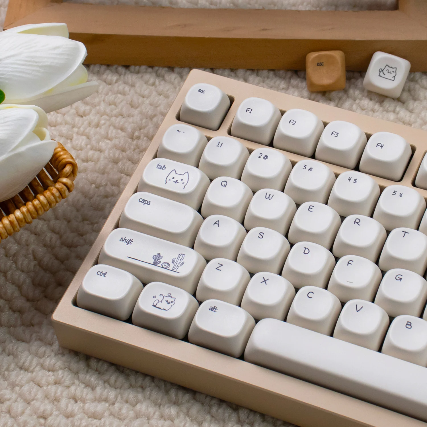 Teclas de gato de arena, teclas PBT, teclas MOA sublimadas de tinte, color blanco, bonitas teclas de fuente pequeña para teclado mecánico MX 61/64/68/96 - imagen 2