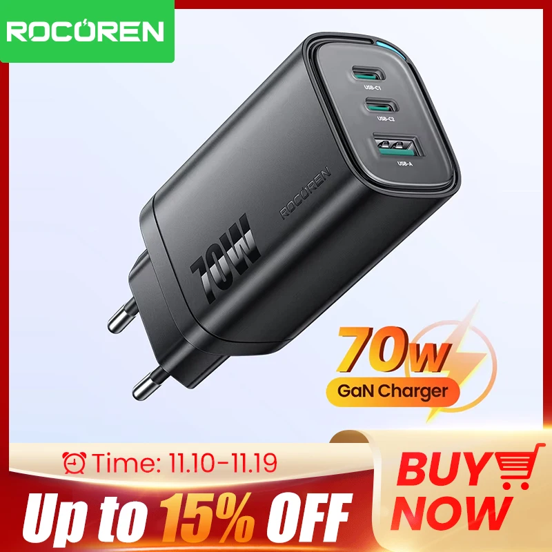 Rocoren 65W GaN USB tipo C cargador QC PD 3,0 USBC cargador USB de carga rápida para iPhone 16 Pro Xiaomi Macbook Samsung S25 portátil