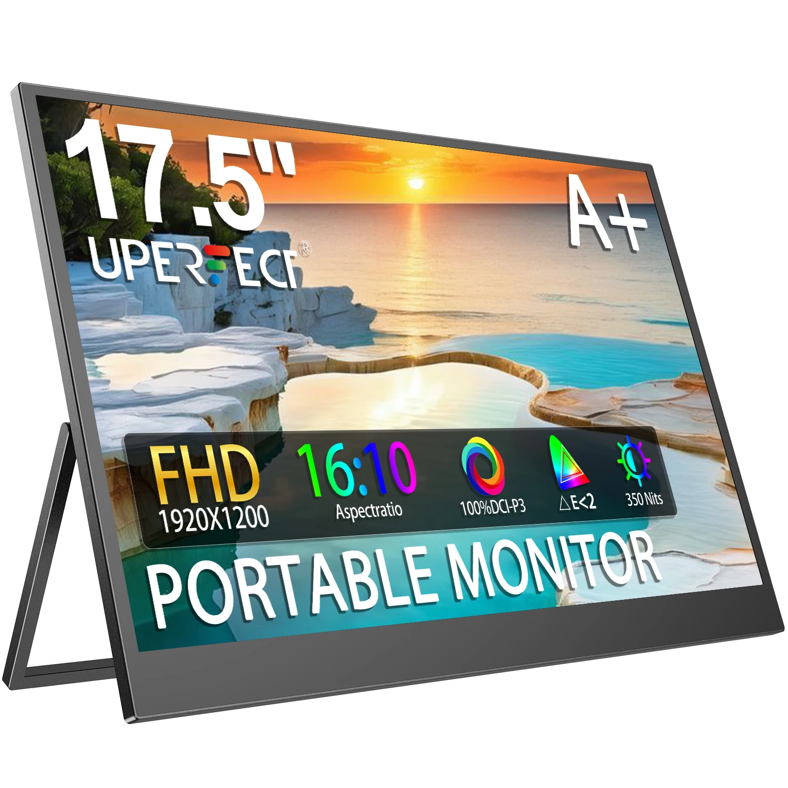 UPERFECT 17.5 "Monitor portátil de juegos 1200P 350Nits IPS Display USB-C y HDMI Extensor de ordenador portátil 100% sRGBCon soporte ajustable de 180 ° VESA HDR Segunda pantalla de viaje para MacBook PC Teléfono