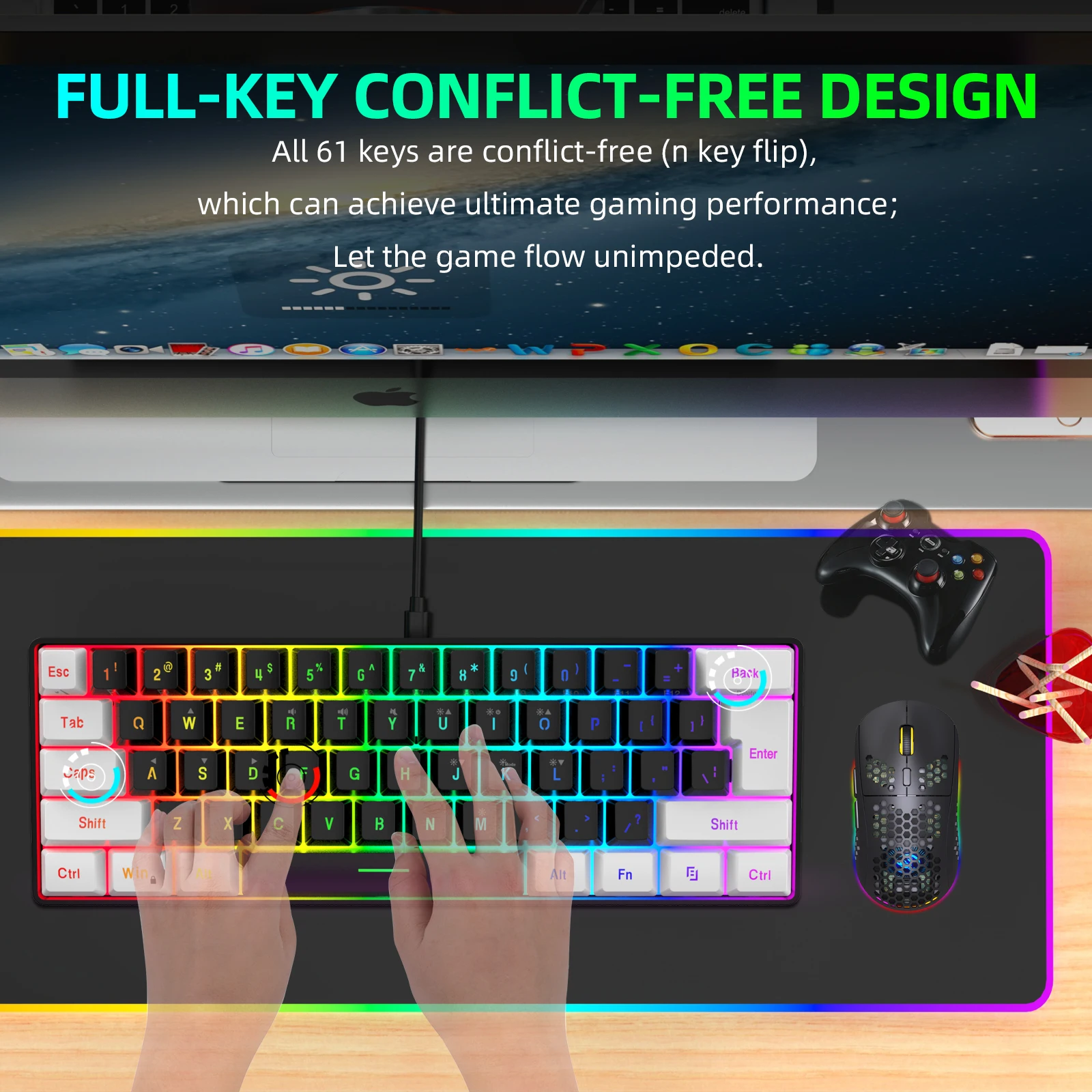 Mini teclado para juegos de 61 teclas con teclas de membrana, retroiluminación RGB, diseño compacto e impermeable, Ideal para escribir, viajar, ordenador - imagen 4