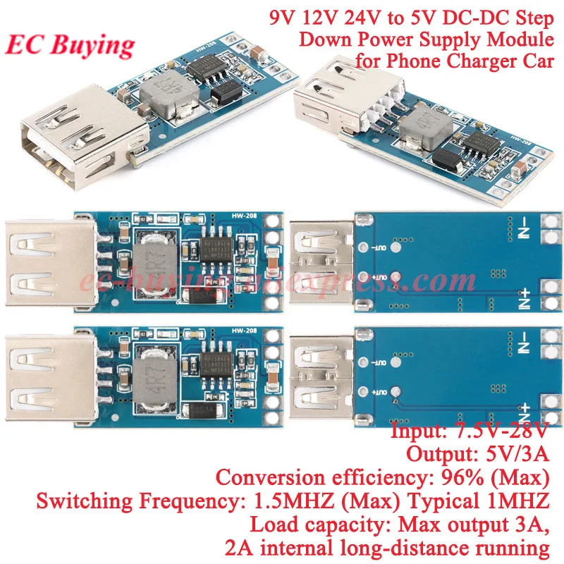 20 piezas/1 unidad 9V 12V 24V a 5V 3A DC-DC regulador de voltaje reductor módulo de fuente de alimentación convertidor Buck Board cargador de teléfono PCB de coche