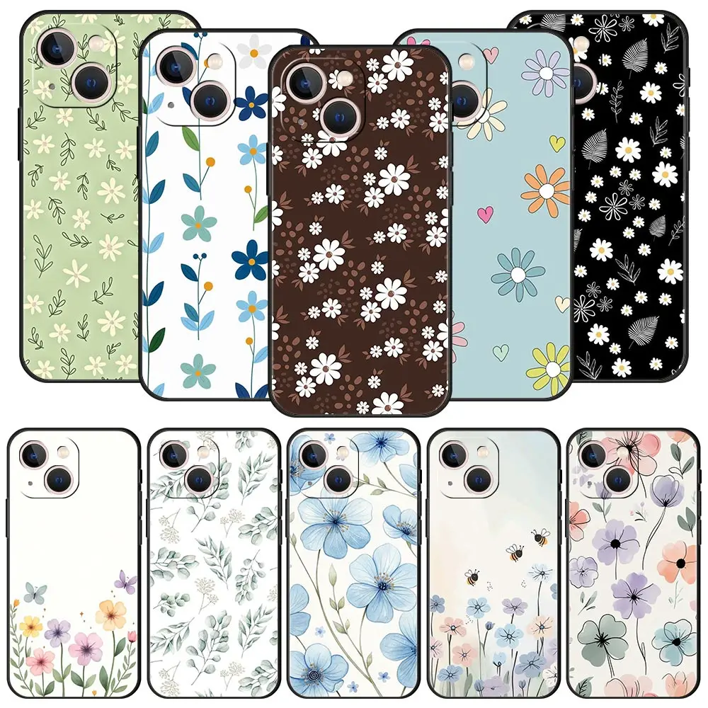 Funda de teléfono de lujo con flores elegantes para iPhone 17 Air 16 Plus 13 15 14 12 11 Pro MAX 7 8 SE, funda negra de TPU suave