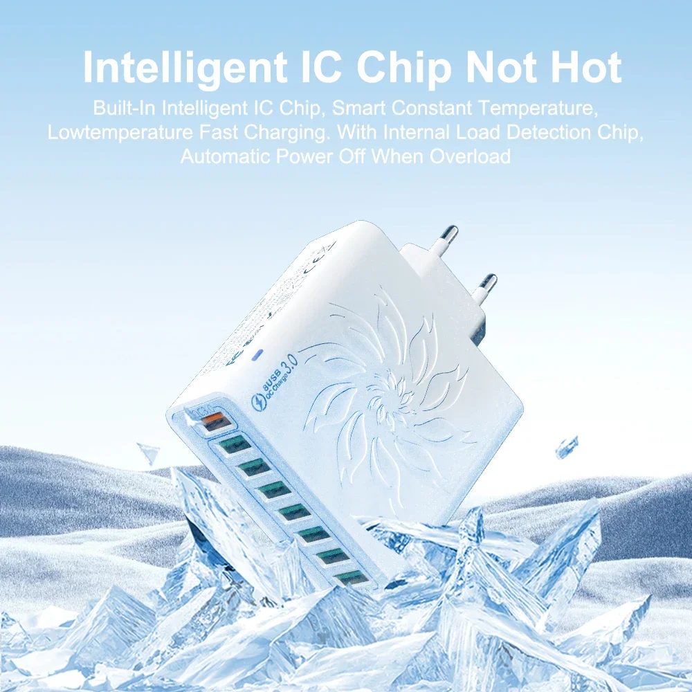 Cargador USB 8 en 1 de 65W, carga rápida, múltiples puertos, adaptador de pared con enchufe UE/EE. UU., adaptador de viaje USB 3,0 de carga rápida para múltiples dispositivos - imagen 2