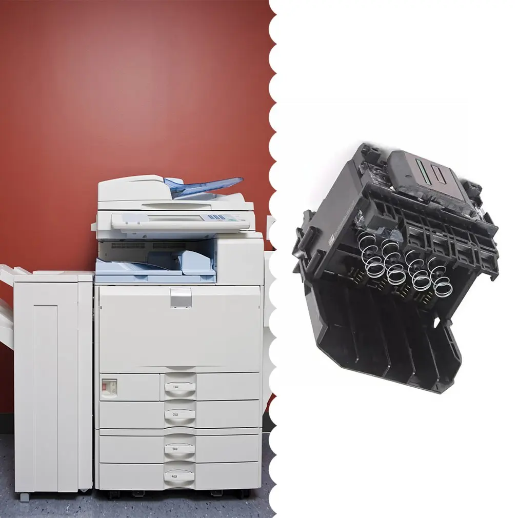 Una impresora y un cartucho de impresora se muestran en una imagen dividida