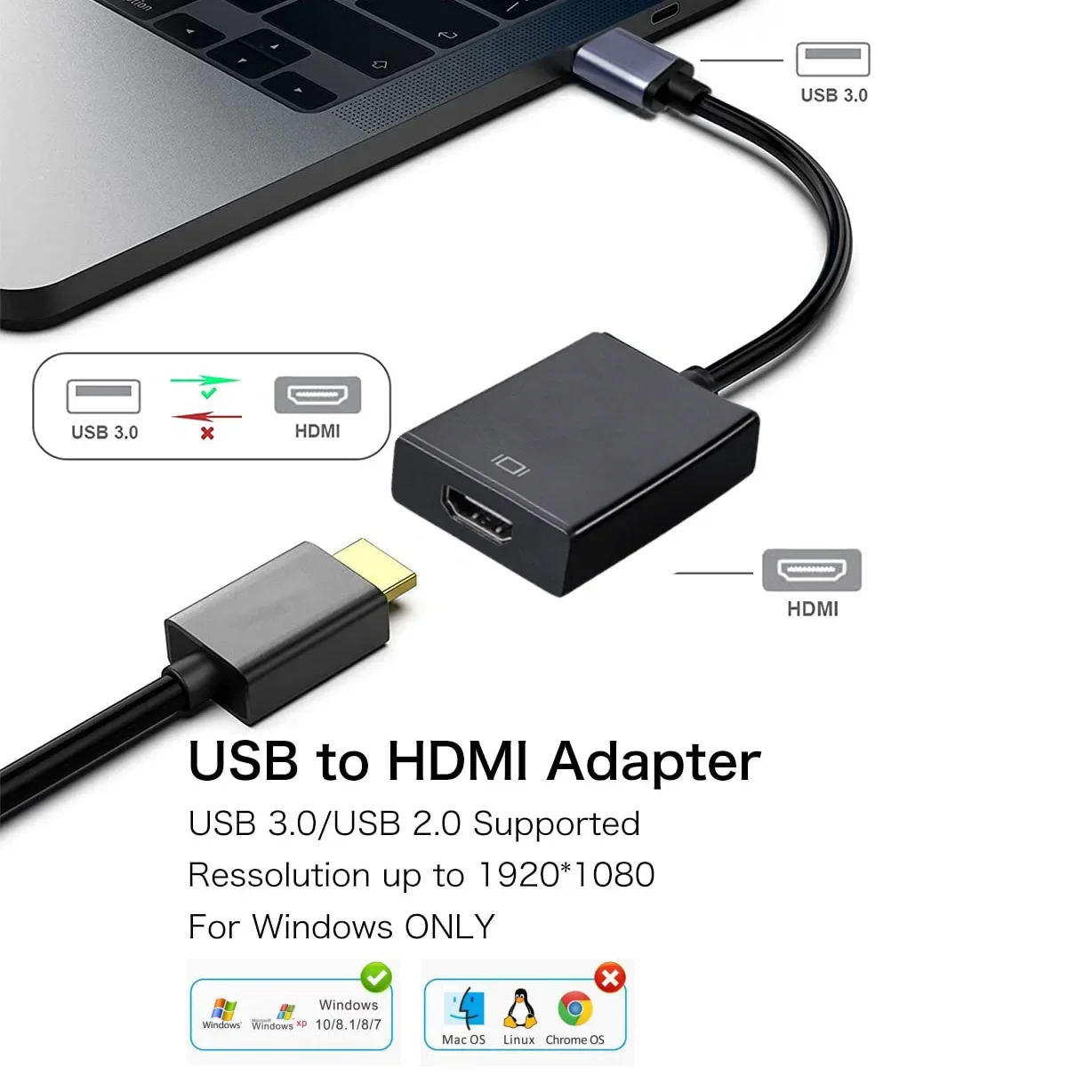 Cable adaptador USB 3,0 a HDMI, convertidor adaptador 1080P HDTV, proyector, adaptador multipantalla, controlador gratuito para PC, portátil y de escritorio - imagen 3