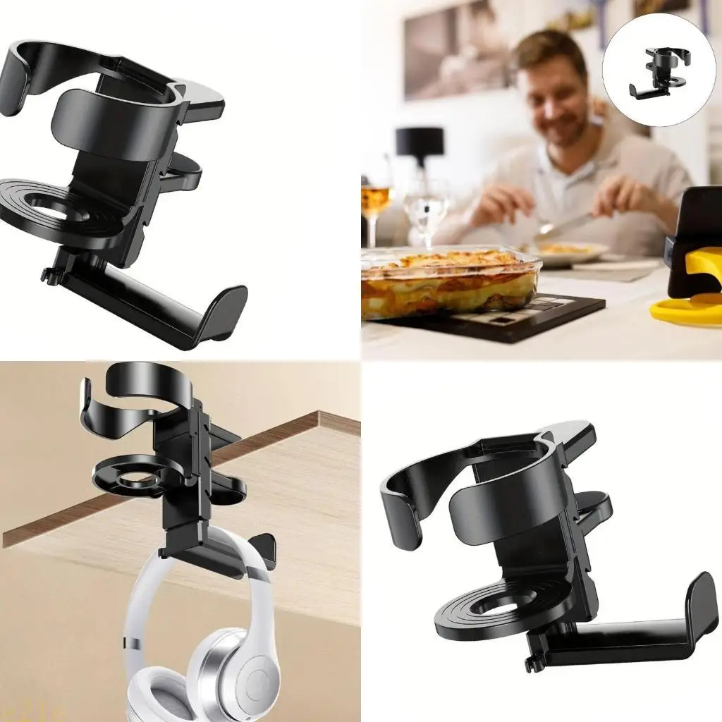 Soporte para vasos antiderrames E21E con gancho para auriculares desmontable, abrazaderas firmes para mesas, mostradores, para