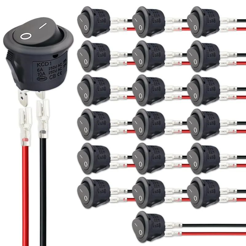 20 piezas interruptor basculante redondo AC 6A/250V 8A/125V 2 SPST encendido/apagado 2 pines 2 posiciones interruptor de palanca de encendido/apagado con Terminal de engarzado de cabeza de 4,8mm
