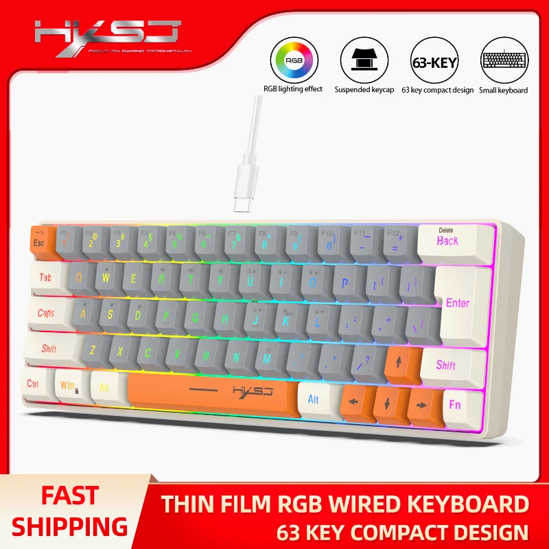 Teclado RGB USB con cable 63 teclas para jugadores, miniteclados compactos para viajes, oficina, juegos, teclado de negocios (gris y naranja) - imagen 3