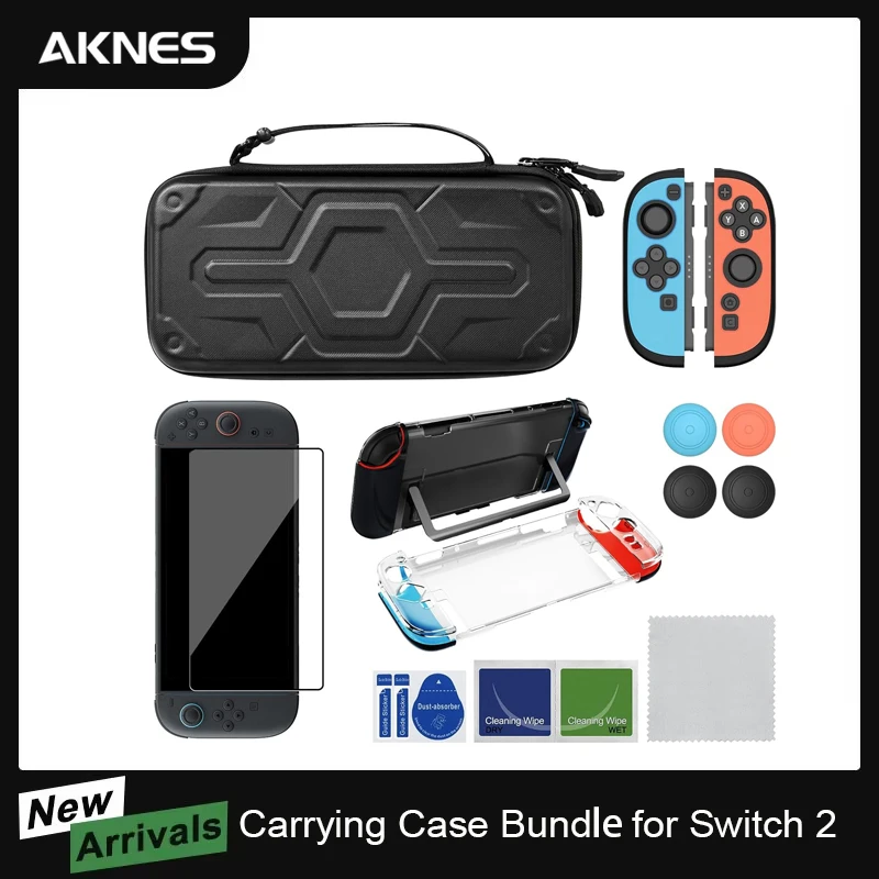 AKNES Bolsa de transporte Juego de funda protectora acoplable con paquete de protector de pantalla para consola de juegos Nintendo Switch 2 NS2
