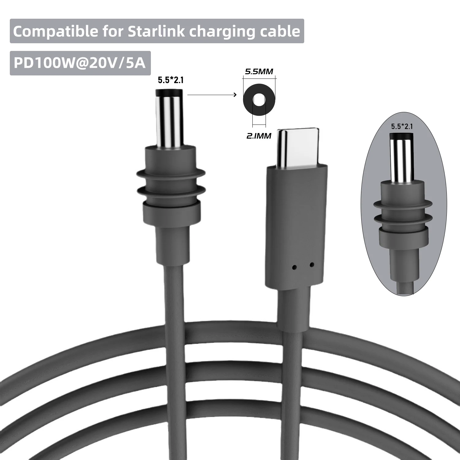 Para Starlink Mini Cable 2M (6,6 pies) Starlink Mini DC Power tipo C cable de repuesto de entrada impermeable exterior barril Jack carga