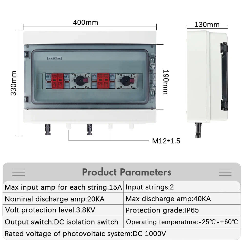Caja combinadora Solar fotovoltaica PV, 1000V CC, 2 entradas y 2 salidas, con protección contra sobretensiones, fusible CC MCB SPD, caja impermeable IP65 - imagen 3