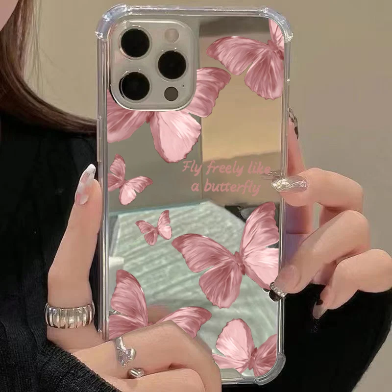Funda de teléfono con espejo de mariposa rosa para iPhone 16 15 14 13 12 11 Pro Max XS X XR 7 8 Plus SE espejo de maquillaje cubierta suave a prueba de golpes - imagen 5