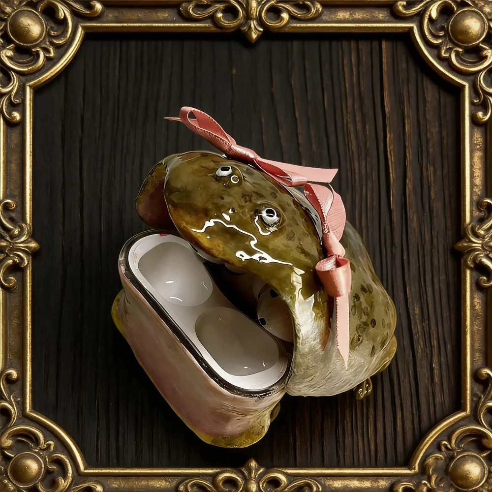 Funda para auriculares hecha a mano con rana payaso fea para Airpods, bonita y divertida decoración con lazo rosa, funda protectora para auriculares, regalos personalizados