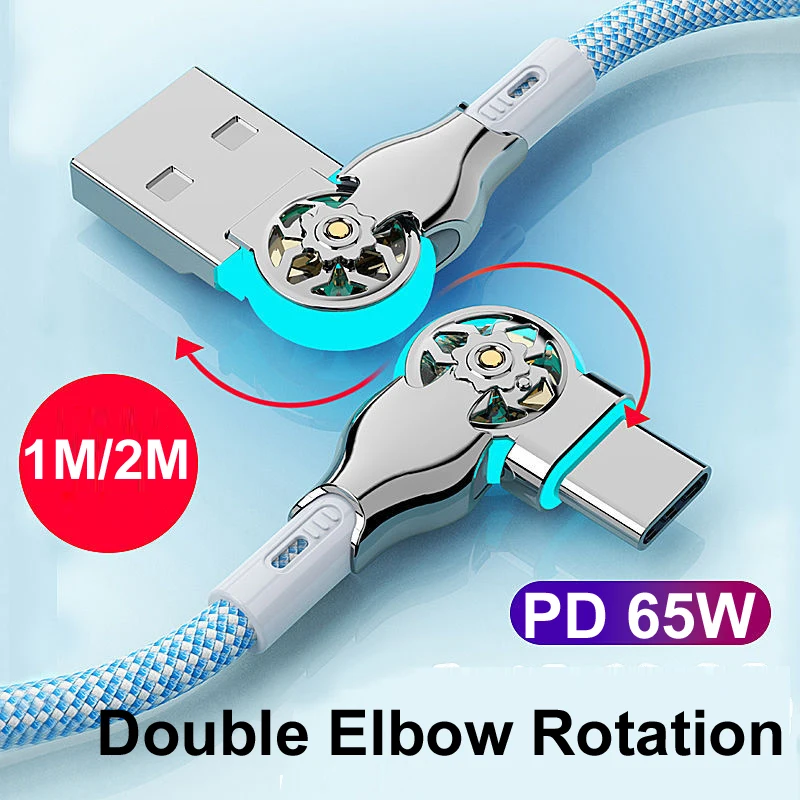 Trenzado 1m 2m 65W 6A USB rápido A tipo A a tipo C Micro carga súper rápida datos de rotación de codo de 180 grados Cable de 480Mbps para iPho