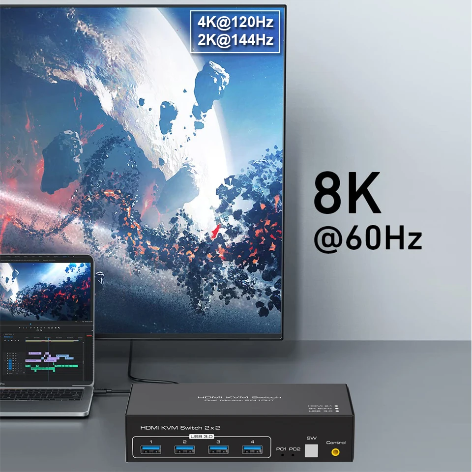 Conmutador KVM 2X2 Monitor Dual 4k 144Hz HDMI 2,1 conmutador KVM pantalla extendida HDMI DisplayPort USB 3,0 conmutador KVM 2 en 2 salidas para PC - imagen 5