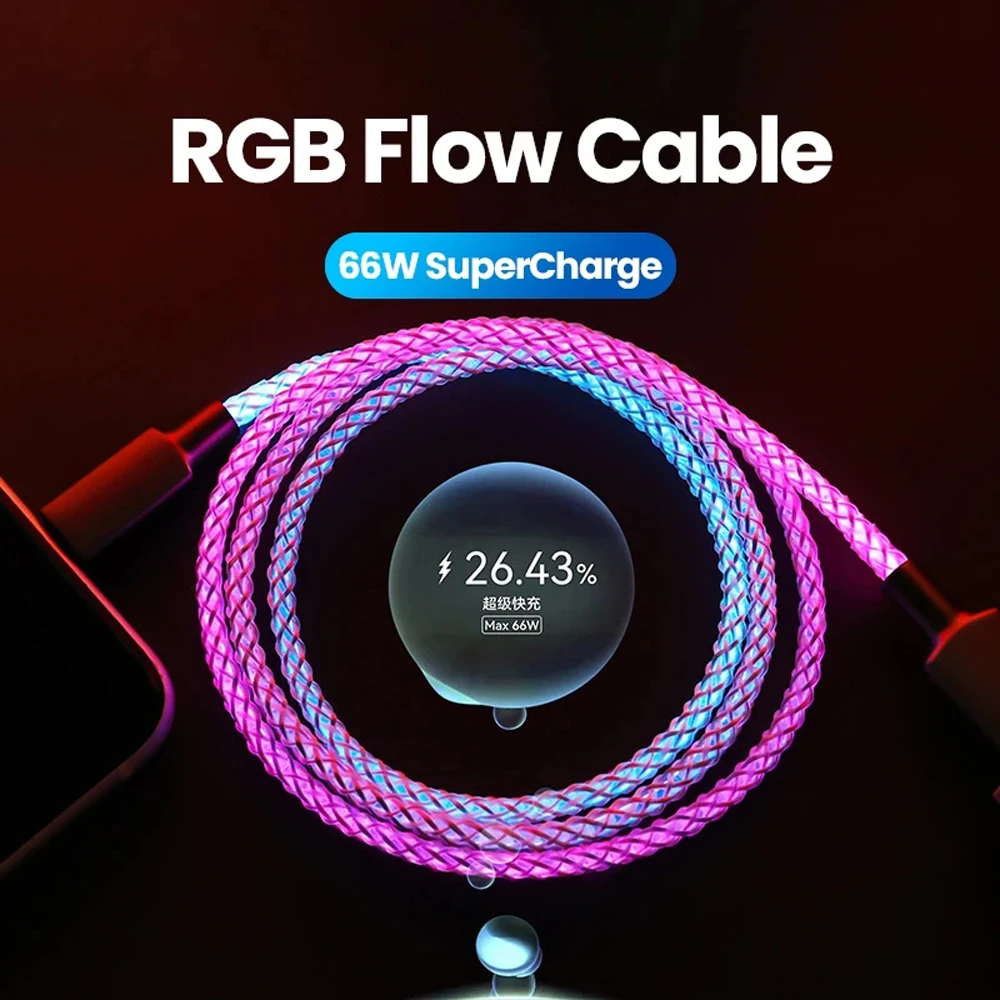 Cable de datos de luz degradada luminosa RGB de carga rápida de 66W 6A cargador tipo C para iPhone 16 Pro Huawei Samsung Cable de datos - imagen 3