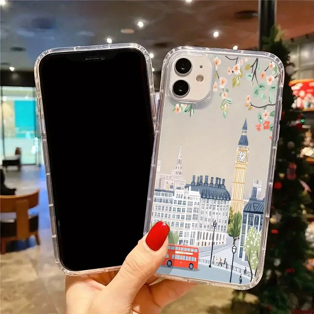 Encantador paisaje urbano de Londres con flores rosas funda de teléfono transparente para iPhone 17 16 15 14 13 12 11 Pro Max XS XR 7 8 Plus - imagen 5