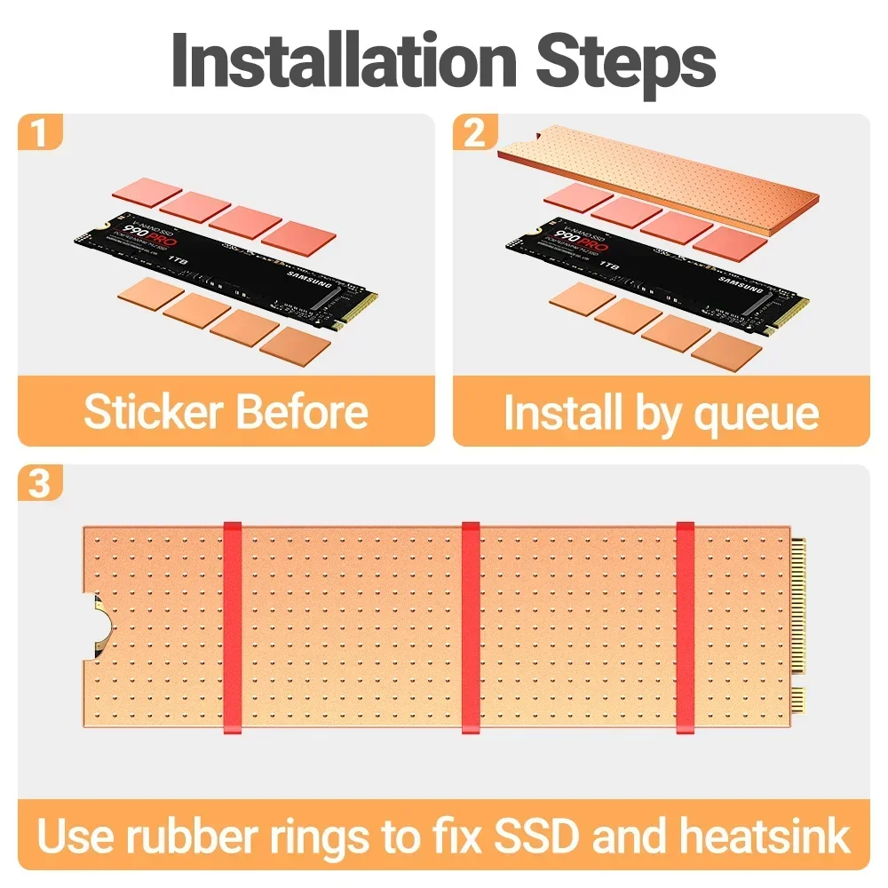 Disipador de calor JEYI Copper M.2 con almohadillas nano térmicas, radiador de disco de estado sólido NVMe NGFF Pure Copper SSD para ordenador portátil y de escritorio - imagen 4