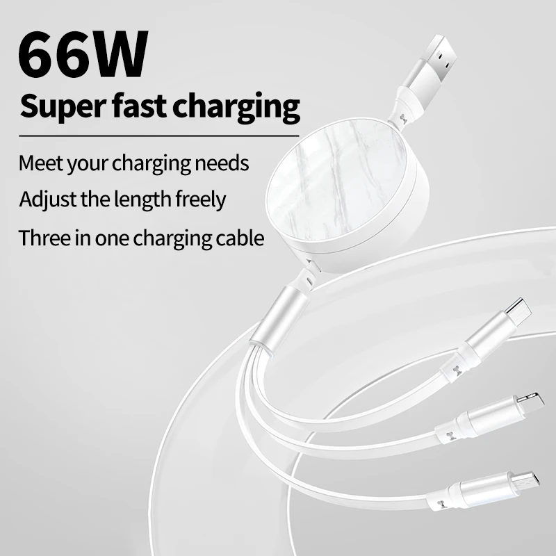 Cable de carga rápida USB 3 en 1, Cable de datos retráctil 6A/66W tipo C para iPhone, Xiaomi, Huawei, Oppo, POCO - imagen 4