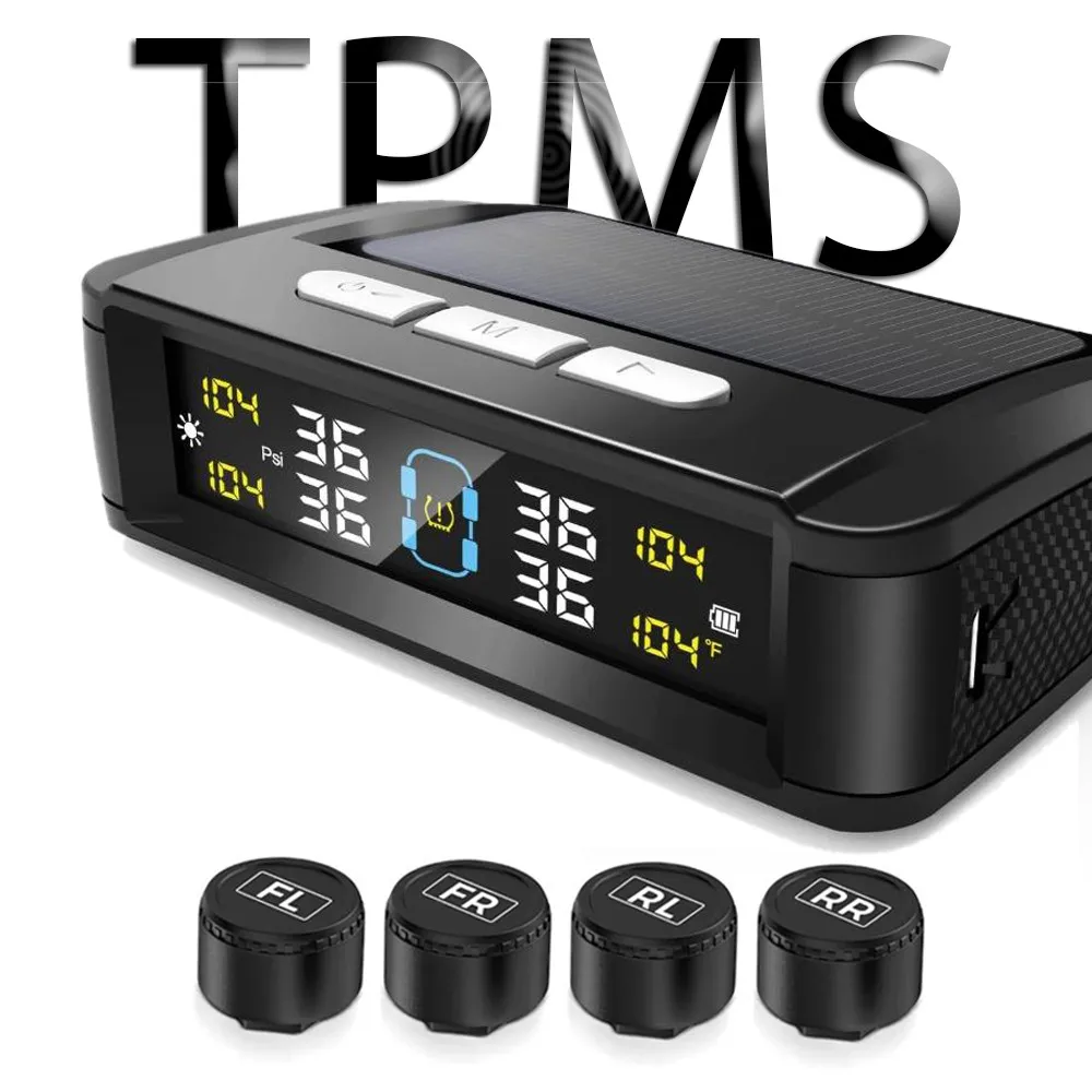 Sistema de Monitor de alarma de presión de neumáticos de coche TPMS Universal, pantalla de 4 sensores, advertencia de temperatura de presión de neumáticos inteligente Solar