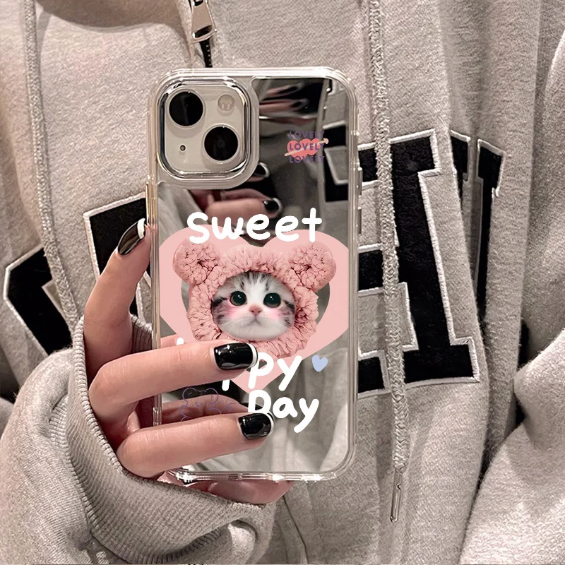 Funda de espejo de maquillaje de lujo para iPhone 11 Funda Coque iPhone 15 13 14 12 Pro Max XR X XS fundas de gato dulce galvanizadas de silicona - imagen 2