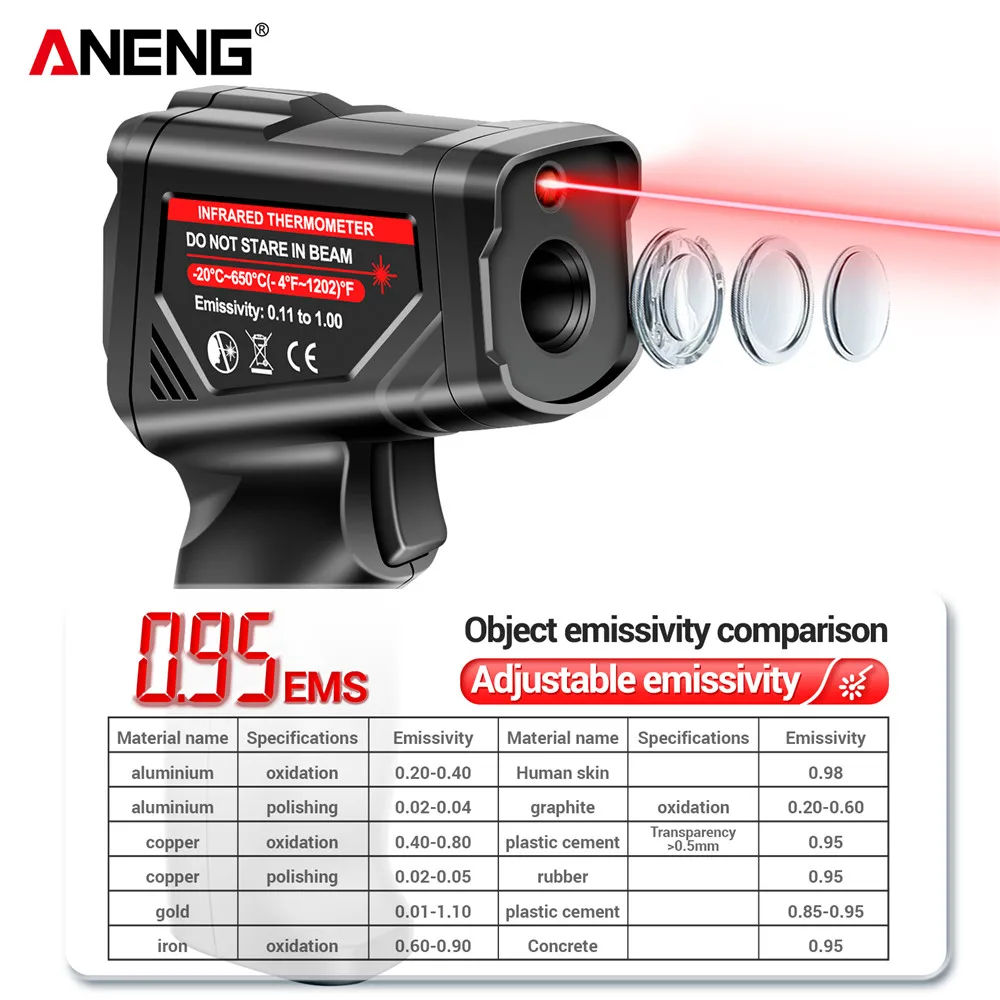 Termómetro infrarrojo digital ANENG TH05 sin contacto -20~650 ℃   Herramientas de medidor de temperatura láser con pistola pirómetro Termometro láser IR - imagen 5