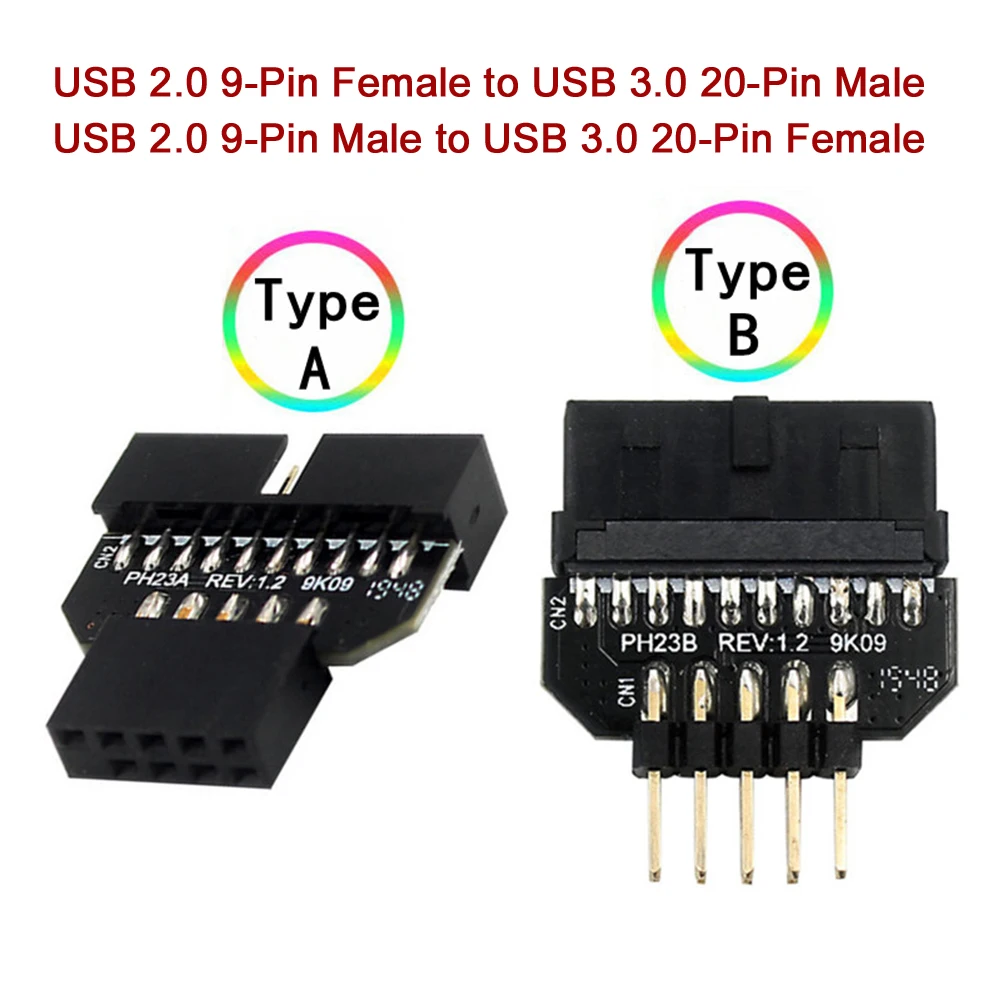 Placa base USB 3,0 de 20 pines a USB 2,0, convertidor de conector de Panel frontal de 9 pines, adaptador USB 2,0 macho de 9 pines a USB 3,0 hembra de 20 pines