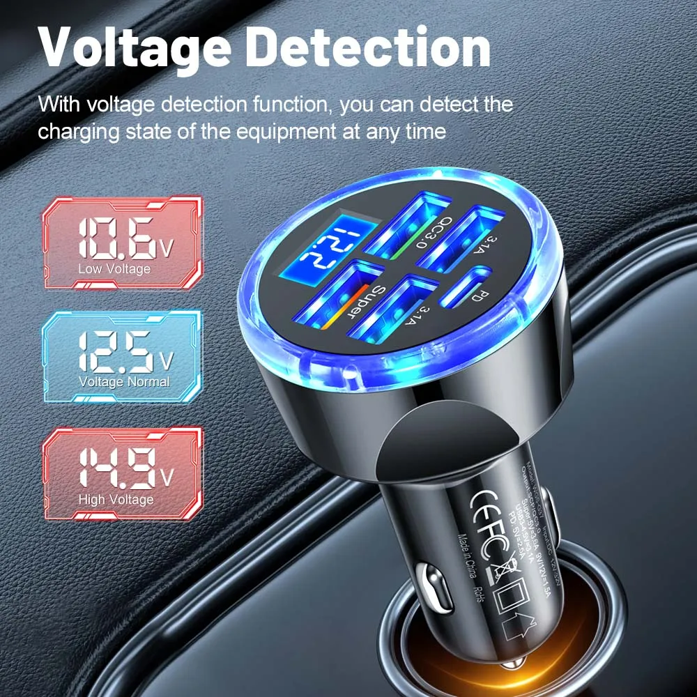 Cargador de coche 4usb PD 250W tipo C adaptador de teléfono móvil automático de carga rápida para iPhone Samsung Huawei Xiaomi QC 3,0 - imagen 3