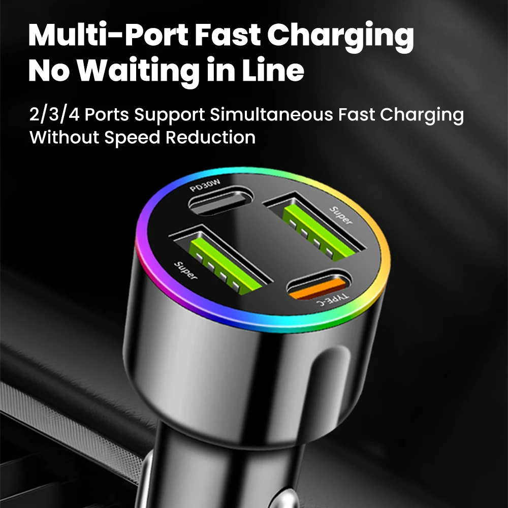 Cargador de coche de 2/3/4 puertos, carga súper rápida, 60W, USB tipo C, cargador de teléfono para coche para iPhone, Samsung, Huawei, Xiaomi, luz nocturna de Color - imagen 4