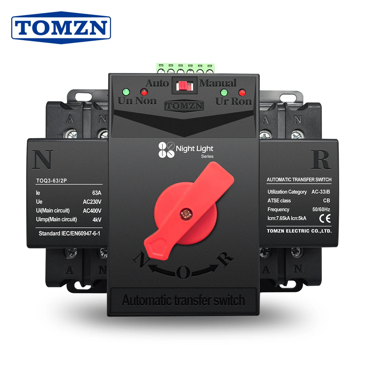 TOMZN serie de luz nocturna 2P 63A 125A 220V 230V 50/60Hz tipo MCB interruptor de transferencia automática de doble potencia ATS 2 entradas 2 salidas