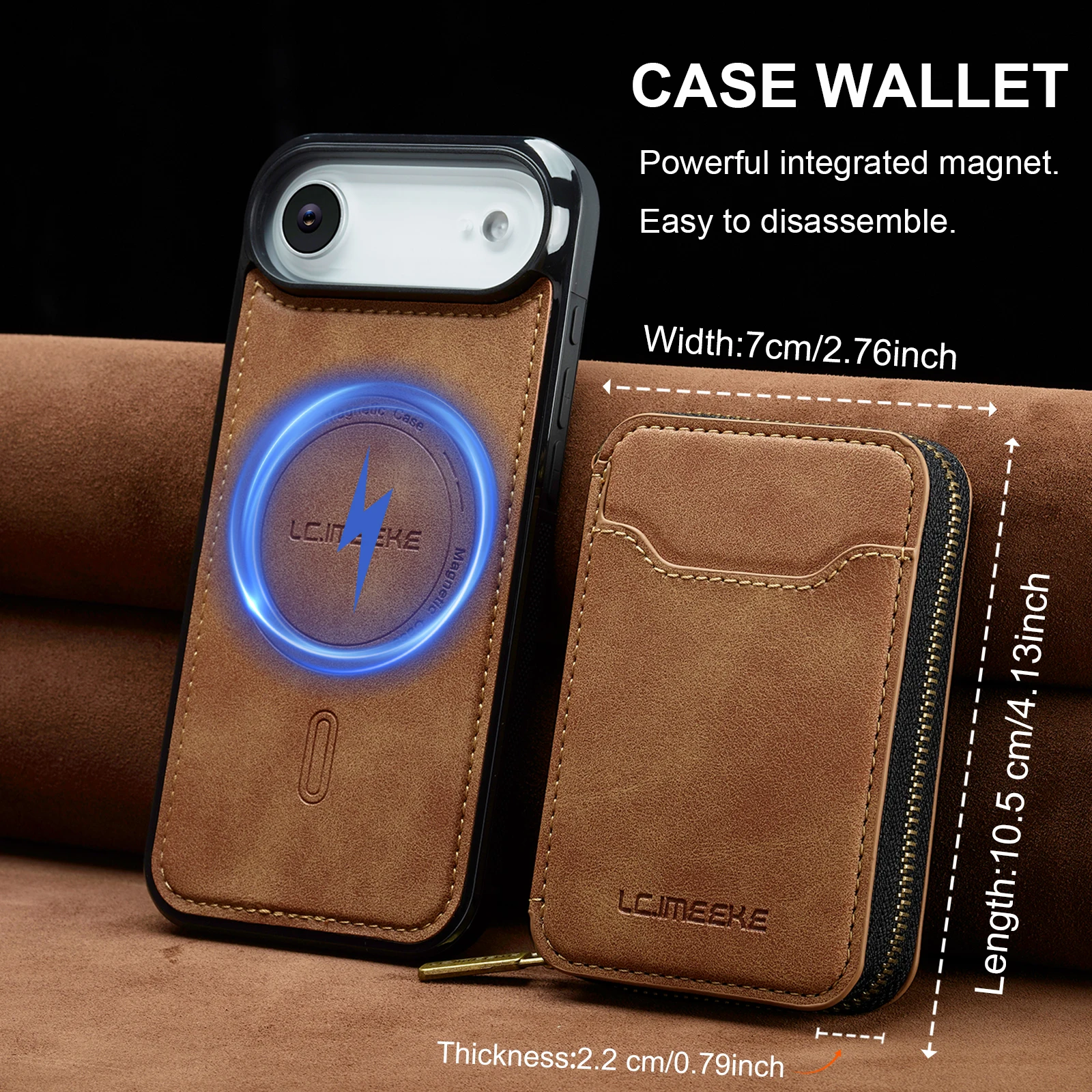 Funda de cuero tipo billetera Solt con tarjeta y cremallera magnética desmontable 2 en 1 para iPhone 17 Pro Max 16 Plus 15 14 13 12 para funda de bolsa Magsafe - imagen 5