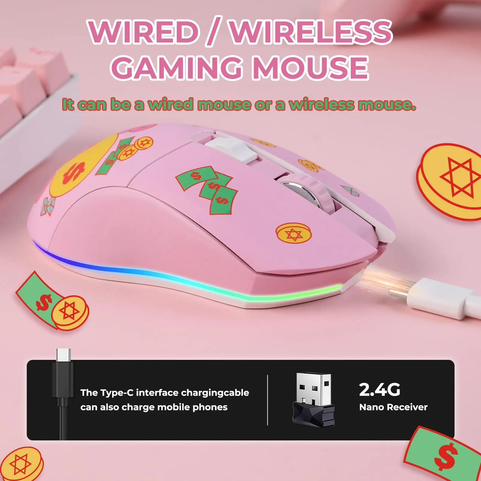 DAREU-ratón para Gamer de modos duales, inalámbrico, con cable, RGB, 2,4G, batería de recarga integrada de 930mAh para PC y portátil - imagen 3